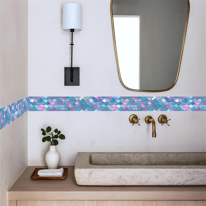 IOHEFY Mermaid Scale Wallpaper Border 196x4 Inch Peel and Stick Wall Border Iridescent Pastel Blue Pink Glitter Pattern Removable Vinyl Wall Trim for Bathroom Bedroom Kitchen DIY Home Decor - Image 3
